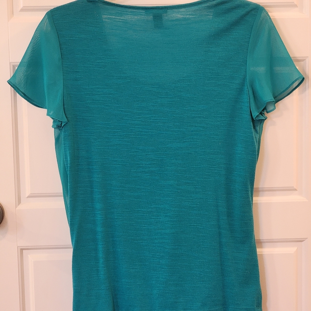 New Directions Teal Draped Short-Sleeve Blouse long beaded statement necklace Sm - Picture 14 of 15